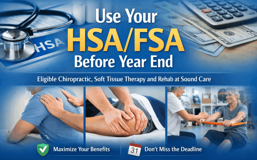 Promotional banner showing use of HSA/FSA benefits with images of medical exam, treatment, and a calendar reminder.
